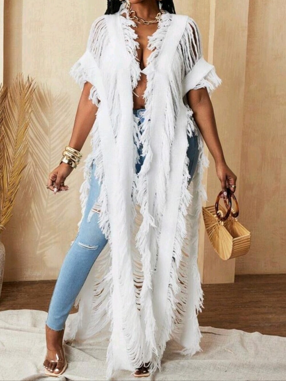 White Fringe Maxi Swim Cover-Up Kimono